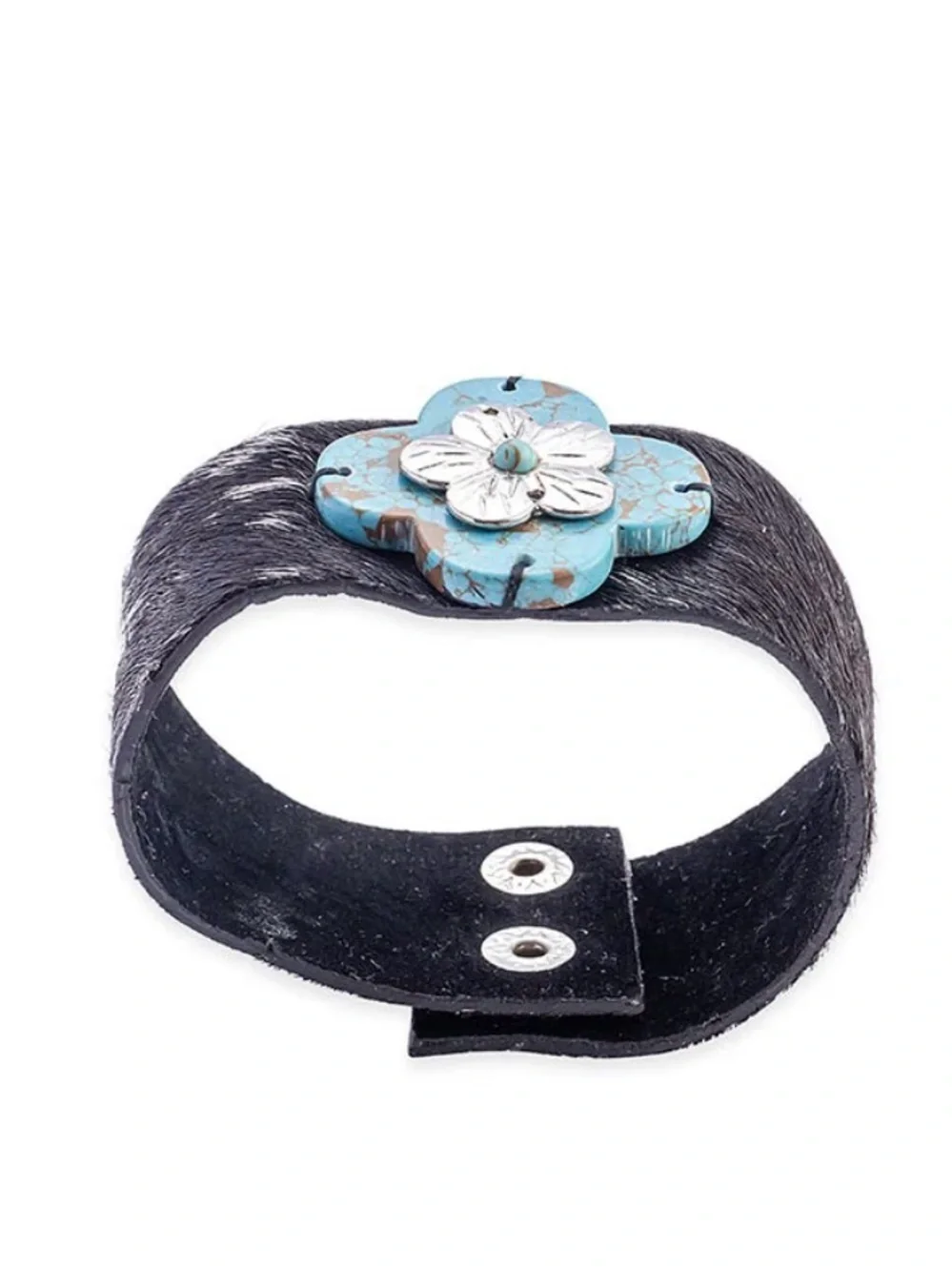 Western Bracelet Black & White Hide Leather with Turquoise Flower Accent